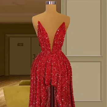 Nuostabi Red Hi-Lo Vakarinę Suknelę Giliai V Kaklo Blizgučiai Keltas Suknelės Rankovių Puošnios Suknelės, Šaliai, Pagal Užsakymą Pagaminti Nuotrauka 2