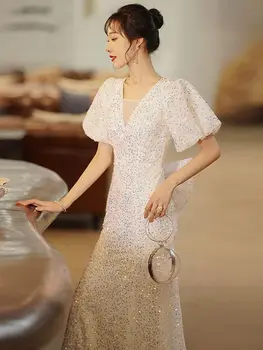 Pokylių Vakaro Suknelės 2022 Naujas V-Kaklo, Trumpas Sluoksniuotos Rankovėmis Slim Ilgai Gimtadienio Suknelė Seksualus Backless China Mermaid Dress