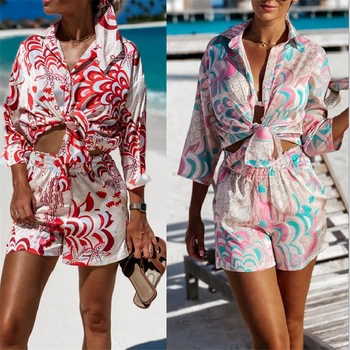 2vnt Trumpas Rinkiniai Moterų Paplūdimio Mados Stilių Dekoracijos Modelis Mygtuką žemyn Marškiniai ir Šortai 2021 Naujas Vasaros Atsitiktinis Rinkiniai
