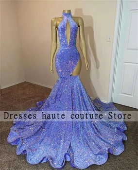 Blue Velvet Blizgančiais Undinė Prom Dresses Elegantiškas 2023 Haltr Vakare Gown Plius Dydis Moterų, Oficialių Šalis Suknelė