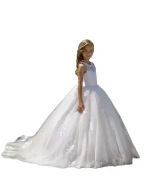 Princesė Balta Nėrinių Gėlių Mergaičių Suknelės, Naujas Vien Pirmoji Komunija Gimtadienio Suknelės Mergaičių Konkurso Suknelė Vestuvėms Nuotrauka 2