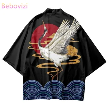 Japonų Samurajus Krano Spausdinti Streetwear Haori Tradicinis Megztinis Vyrams Negabaritinių Marškinėliai Kimono Cosplay Yukata Azijos Drabužių