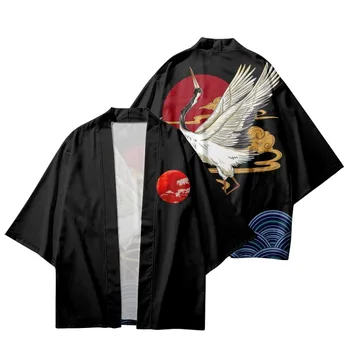 Japonų Samurajus Krano Spausdinti Streetwear Haori Tradicinis Megztinis Vyrams Negabaritinių Marškinėliai Kimono Cosplay Yukata Azijos Drabužių Nuotrauka 2