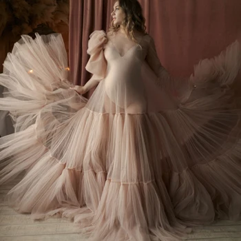Dulkių Rožinės spalvos Tiulio Motinystės Suknelė Vestuvių Chalatai už Photoshoot Matyti Per Ilgas Moterų Prom Dresses Fotografijos Chalatai Užsakymą