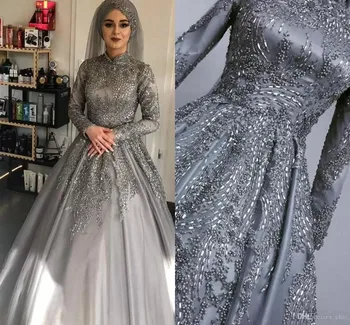 Arabų Aso Ebi Musulmonų Vestuvių Suknelės sidabro pilkumo Nėrinių Zawalcowany Prabangūs nėriniai-up korsetas Nuotakos Suknelės ilgomis Rankovėmis Vestuvių Suknelės