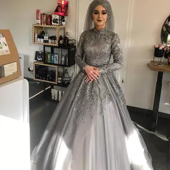 Arabų Aso Ebi Musulmonų Vestuvių Suknelės sidabro pilkumo Nėrinių Zawalcowany Prabangūs nėriniai-up korsetas Nuotakos Suknelės ilgomis Rankovėmis Vestuvių Suknelės Nuotrauka 2