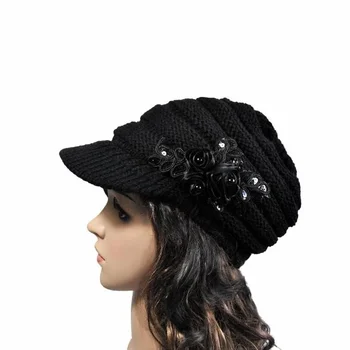 Mados Žiemos Moterų Kabelis Mezgimo kepurė Su Snapeliu Gėlių Akcentas Nuotrauka 2