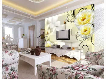 3D stereoTV fone sienų tapyba šiuolaikinio gyvenimo kambario, miegamasis minimalistinio drugelis geltonos rožės nestandartinių dydžių Nuotrauka 2