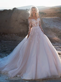 Spalvingas Iliuzija Appliques Nėrinių Stebėjimo Ilgas Berankovis Vestuvių Suknelė Iki 2022 M. Elegantiškas Mygtuką Skaidrus Atgal Kamuolys Suknelė