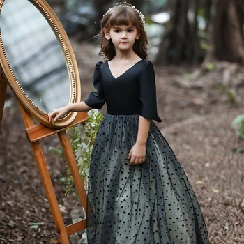 Pavasarį ir vasarą naujas Paauglys vaikai Inscenizacija Suknelė vakarinę suknelę juoda Baby princess dress V-kaklo Lankas dot Merginos ilga suknelė