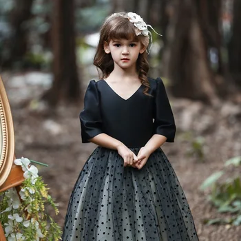 Pavasarį ir vasarą naujas Paauglys vaikai Inscenizacija Suknelė vakarinę suknelę juoda Baby princess dress V-kaklo Lankas dot Merginos ilga suknelė Nuotrauka 2