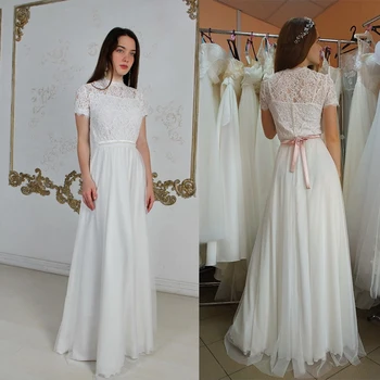 Derliaus Trumpas Rankovės Vestuvių Suknelės 2022 Aukšto Kaklo Nėrinių Nuotakos Suknelė Moterims Mygtuką Atgal Grindų Ilgis Pagal Užsakymą