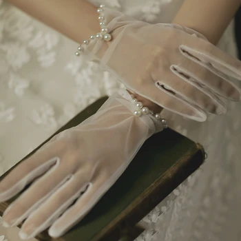 Korėjos naujas tiulio perlas vestuvių pirštinės trumpas baltas paprastas kelionės foto studija didmeninės Nuotrauka 2