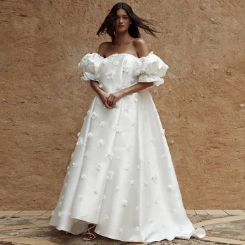 Nėščia Vestuvių Suknelė Balta Satino Linija, Trumpas Žibintų Rankovėmis Prabangių Vestuvių Suknelė Moterims 2022 Nuotaka 3D Gėlės, Vestuvinės Suknelės