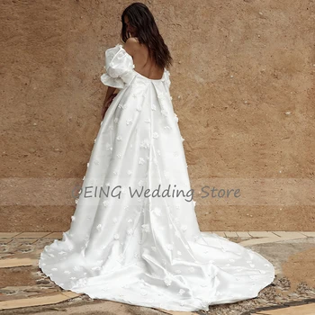 Nėščia Vestuvių Suknelė Balta Satino Linija, Trumpas Žibintų Rankovėmis Prabangių Vestuvių Suknelė Moterims 2022 Nuotaka 3D Gėlės, Vestuvinės Suknelės Nuotrauka 2