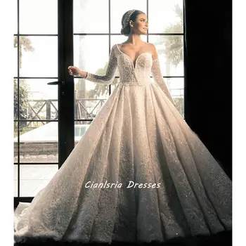 Elegantiškas Ilgomis Rankovėmis Iliuzija Atgal Kamuolys Suknelė Vestuvių Suknelės Vienos Pečių Duobute Blizgučiais Appliques Saudo Arabų Vestuvinės Suknelės