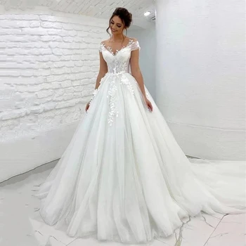 2022 Elegantiškas, Tiulis Princesė Vestuvių Suknelė Vien Kaklo Bžūp Rankovėmis Ir Nėrinių Aplikacijos Nuotakos Suknelė Su Nugaros Mygtukai Vestido De Noiva