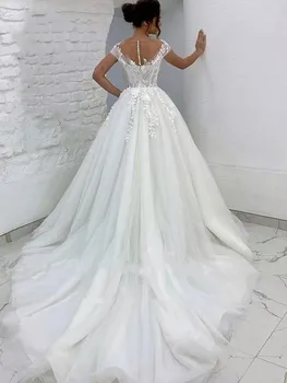 2022 Elegantiškas, Tiulis Princesė Vestuvių Suknelė Vien Kaklo Bžūp Rankovėmis Ir Nėrinių Aplikacijos Nuotakos Suknelė Su Nugaros Mygtukai Vestido De Noiva Nuotrauka 2