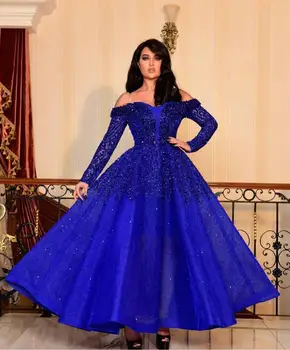 Sparkly Royal Blue Prom Dresses Blizgančiais Off Peties ilgomis Rankovėmis Iliuzija Vakare Chalatai Oficialus Konkurso Šalis Suknelė vestidos de