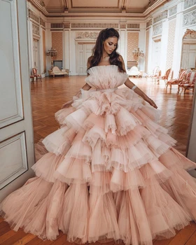 Elegantiška Prom Dresses 2022 Prabanga Chalatai Ilgai Traukinio Suknelė Photoshoot Rožinės spalvos Tiulio Sluoksnių Sijonas vestidos de gala