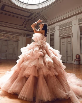 Elegantiška Prom Dresses 2022 Prabanga Chalatai Ilgai Traukinio Suknelė Photoshoot Rožinės spalvos Tiulio Sluoksnių Sijonas vestidos de gala Nuotrauka 2