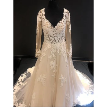 Nėriniai Appliques Tiulio Ilgomis Rankovėmis V-Kaklo, A-Line Wedding Dresses Koplyčia Traukinys Užsakymą Grindų Ilgio Vestuvinės Suknelės
