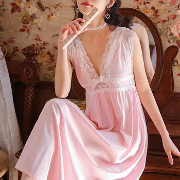 Vasaros Medvilnės Derliaus Rankovių Pasakų Sleepwear Elegantiškas Moteris Princesė Nightdress Nėrinių Ilgai Nightgowns Laisvi Karaliaus Naktiniai Drabužiai Nuotrauka 2