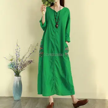 2023 retro nacionalinės stiliaus medvilnės ir lino siuvinėjimo suknelė ruduo ilgas, atsitiktinis palaidų kinų stiliaus qipao mygtuką moterų suknelė g570