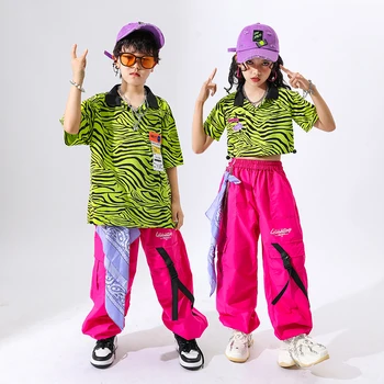 Nauja Vaikų Green Marškinėliai Krovinių Kelnės Streetwear Vaikams Džiazo Šokio Kpop Komplektus Merginų Hip-Hop Šokių Festivalio Kostiumai DQS10327