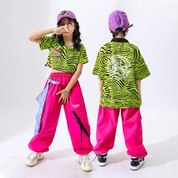 Nauja Vaikų Green Marškinėliai Krovinių Kelnės Streetwear Vaikams Džiazo Šokio Kpop Komplektus Merginų Hip-Hop Šokių Festivalio Kostiumai DQS10327 Nuotrauka 2