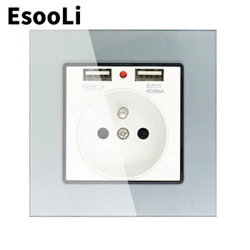 EsooLi 16A prancūzijos Standartas Sieninis Elektros Lizdas Su USB Krištolo Stiklo plokštės Lizdo 2.1 Dual USB Lizdas, jungtis Įkrovikliui Mobiliųjų