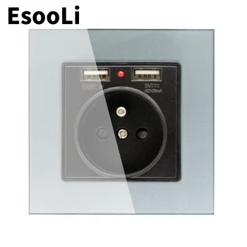 EsooLi 16A prancūzijos Standartas Sieninis Elektros Lizdas Su USB Krištolo Stiklo plokštės Lizdo 2.1 Dual USB Lizdas, jungtis Įkrovikliui Mobiliųjų Nuotrauka 2