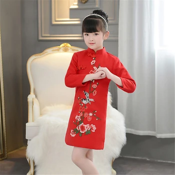 Vaikų cheongsam vilnonių ilgomis rankovėmis Tango kostiumas rudens ir žiemos naujas trimatis raudona gėlė suknelė cheongsam