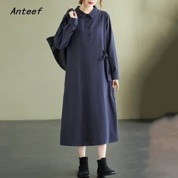Anteef ilgomis rankovėmis negabaritinių medvilnės skalbiniai derliaus suknelės moterims atsitiktinis palaidų Pavasarį, rudenį suknelė elegantiškas drabužius 2022