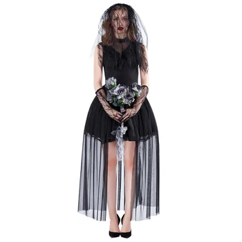 Gotikos Dead Zombie Vampyras Lavonas Dvasios Nuotaka Juoda Nėrinių Suknelė Moterims, Helovyno Cosplay Kostiumų Košmaras, Baisu Išgalvotas Aprangą Nuotrauka 2