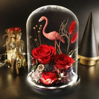 Naujųjų Metų Dirbtinio Džiovintų Gėlių Stiklo Kupolas Eternal Rose Namų Dekoro Su LED Šviesos Kalėdų, Valentino Gimtadienio Dovanos Nuotrauka 2