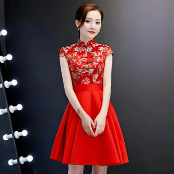 Satino Pokylių Qipao Moterų Nuotaka Vestuvių Cheongsam Siuvinėjimo Gėlių Slim Kinijos Suknelės Vakare Šalis Suknelė Elegantiškas Vestidos
