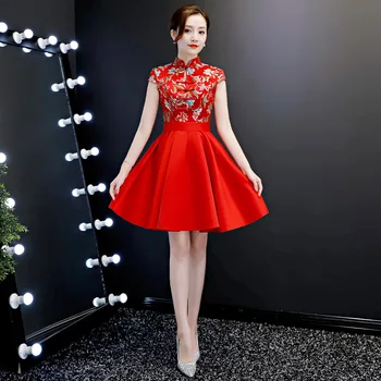 Satino Pokylių Qipao Moterų Nuotaka Vestuvių Cheongsam Siuvinėjimo Gėlių Slim Kinijos Suknelės Vakare Šalis Suknelė Elegantiškas Vestidos Nuotrauka 2
