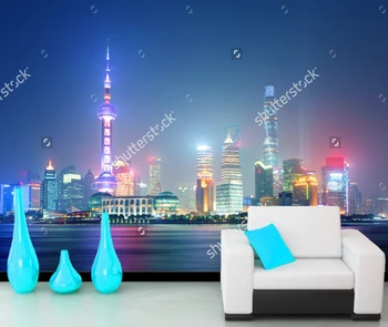 Kinijos kraštovaizdžio tapetai, Shanghai naktį, foto gamtos freskos gyvenimo kambario, miegamasis, sofa fone de papel parede