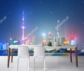Kinijos kraštovaizdžio tapetai, Shanghai naktį, foto gamtos freskos gyvenimo kambario, miegamasis, sofa fone de papel parede Nuotrauka 2