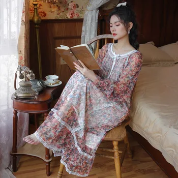 Moterų Ilgas Sijonas ilgomis rankovėmis Nightdress Sweet Princess Palace Moterų Sleepwear Nėrinių Gėlių Naktį Dėvėti Apvalios Kaklo Miego Suknelė