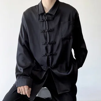 Vyrai Kinijos Mygtuką Vintag Streetwear Mados Ilgomis Rankovėmis Satino Prarasti Atsitiktinis Marškinėliai Vyrų Japonija Harajuku Dark Black Marškinėliai