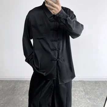 Vyrai Kinijos Mygtuką Vintag Streetwear Mados Ilgomis Rankovėmis Satino Prarasti Atsitiktinis Marškinėliai Vyrų Japonija Harajuku Dark Black Marškinėliai Nuotrauka 2