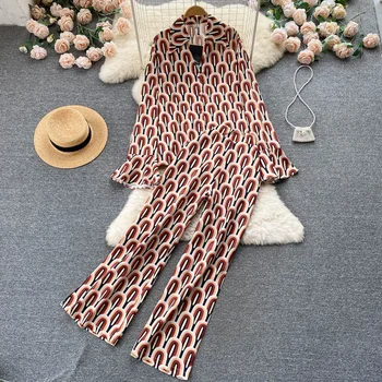 Senovinių Moterų Pižama Mados Ilgomis Rankovėmis Spausdinimo Mygtukas-Up Marškinėliai Su Aukštos Juosmens Blyksnius Ilgas Kelnes Komplektus Atsitiktinis Sleepwear