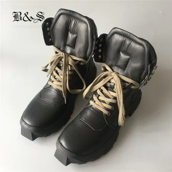 Black& Street Realios Nuotraukos natūralios Odos platformos Punk Vyrų Batai armijos žalioji batų raišteliais Dunkers Treneris batai