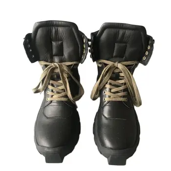 Black& Street Realios Nuotraukos natūralios Odos platformos Punk Vyrų Batai armijos žalioji batų raišteliais Dunkers Treneris batai Nuotrauka 2