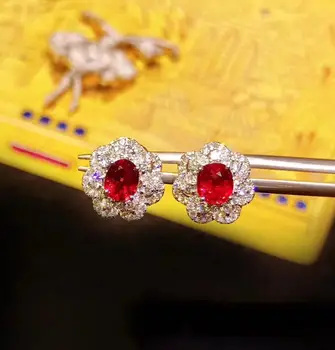 Mados raundo Sun flower natūralus raudonasis rubinas lašas auskarai Natūralus akmuo auskarai, 925 sidabras moterų vestuvių dovana, papuošalai