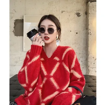 Rudenį Raudonas Megztinis Unisex Rudens Žiemos Naujas Moheros Šepečiu Deimanto Modelis Fuzzy Megztinis V Kaklas Ilgas, Purus Megzti Džemperis
