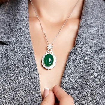 Prabanga green jade pakabukas karoliai moterų femme smaragdas akmuo cirkonis deimantu balto aukso, sidabro spalva, šaliai, papuošalai, dovana