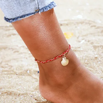 Žavinga Pakraštyje Paplūdimio Austi Paprasta Virvė Anklet Moterų shell Raudoni Karoliukai Pynimo Apyrankė Žavesio Boho Kulkšnies Apyrankę Boho Pėdų Papuošalai